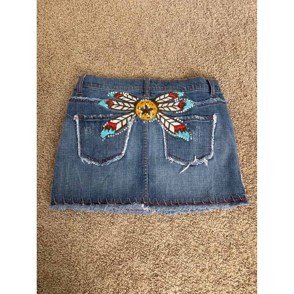 Vintage Joy Jean Denim Mini Skirt Medium Wash Feather Embroidery Rhinestone M